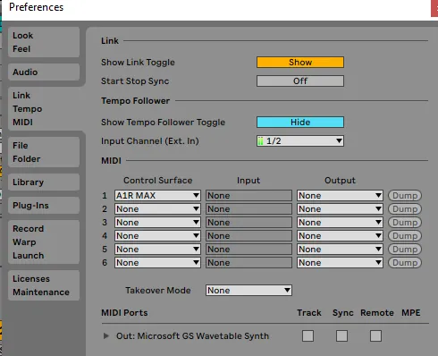 Ableton Preferences Control Surface = A1R CORE
