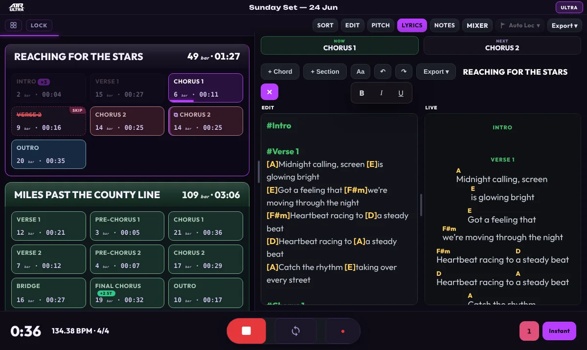 Lyrics editor with raw text and live preview side by side, and the Aa popover open showing Bold, Italic and Underline buttons