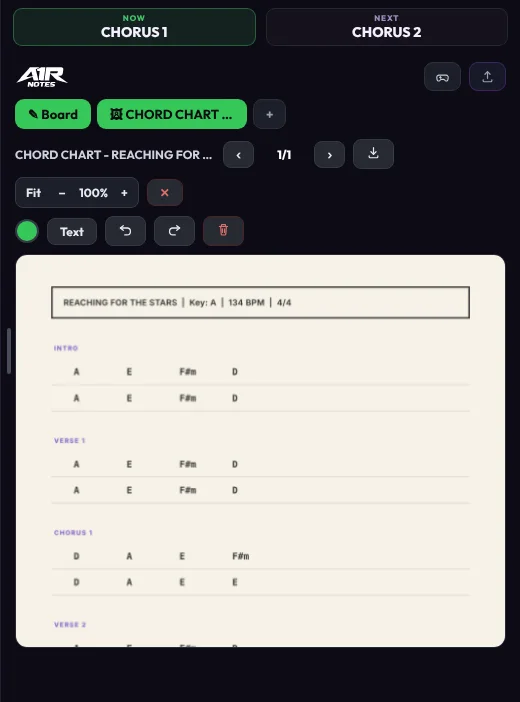The annotator open on a chord chart image, with Fit, zoom minus/percent/plus, pen colors, Text, Undo, Clear page and Export in the toolbar
