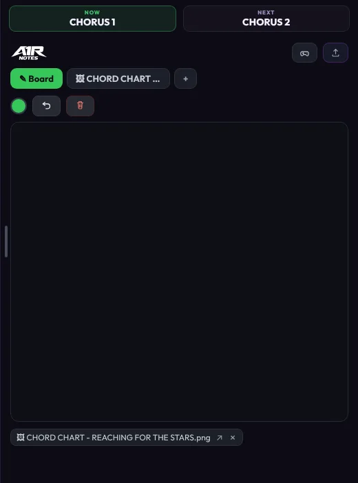 Notes panel: the Board tab with a drawing canvas, an uploaded chord chart as its own tab, pen colors and the Upload button