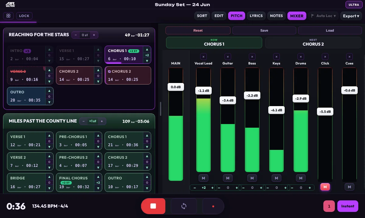 PITCH mode active: pitch steppers appear on every song lane and section chip, with green semitone badges on transposed sections