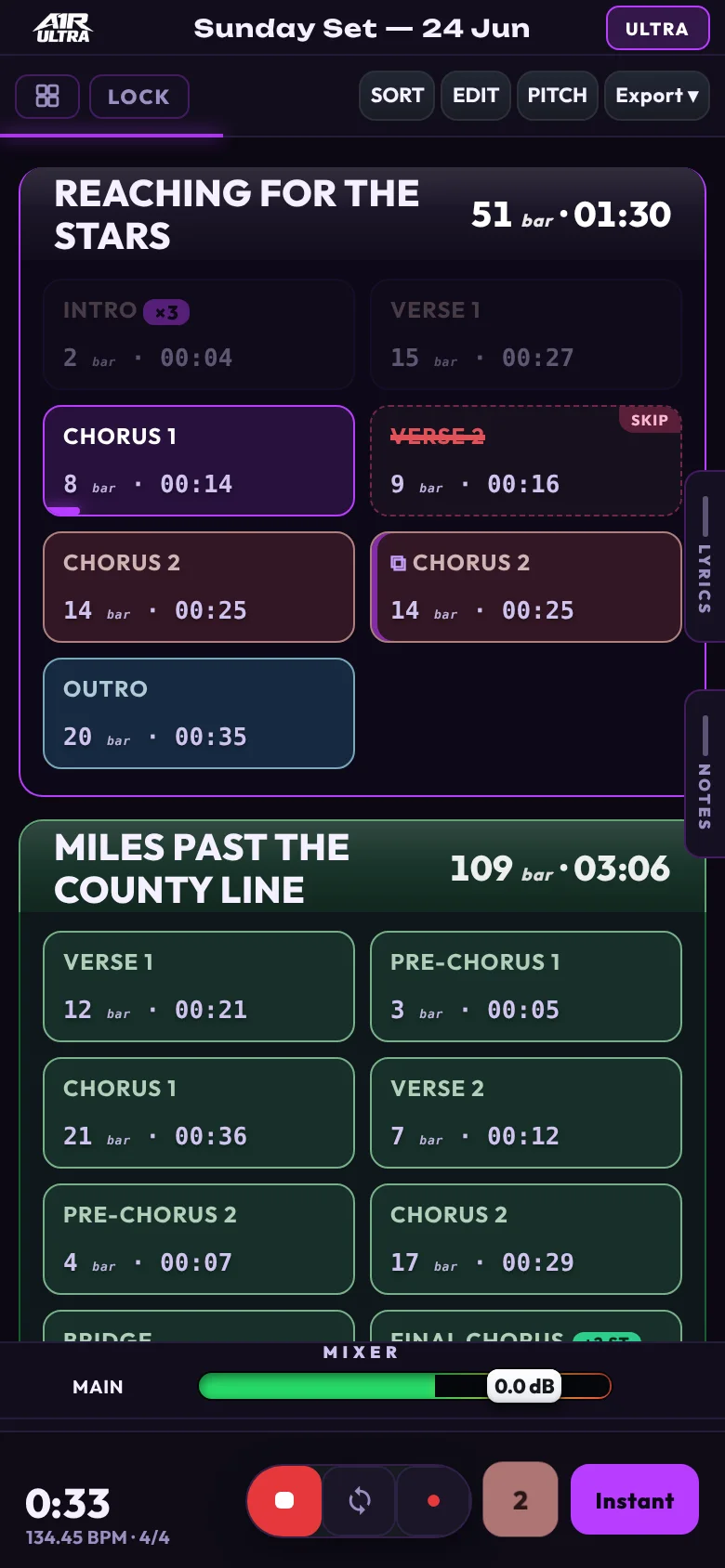 A1R ULTRA running on a phone: two-column section grid, mixer strip and transport controls sized for thumbs